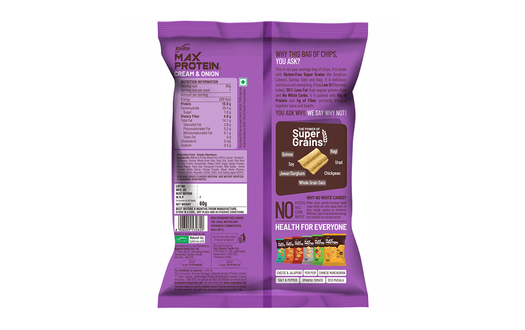 Ritebite Max Protein 7 Grain Protein Snack Cream & Onion   Pack  60 grams